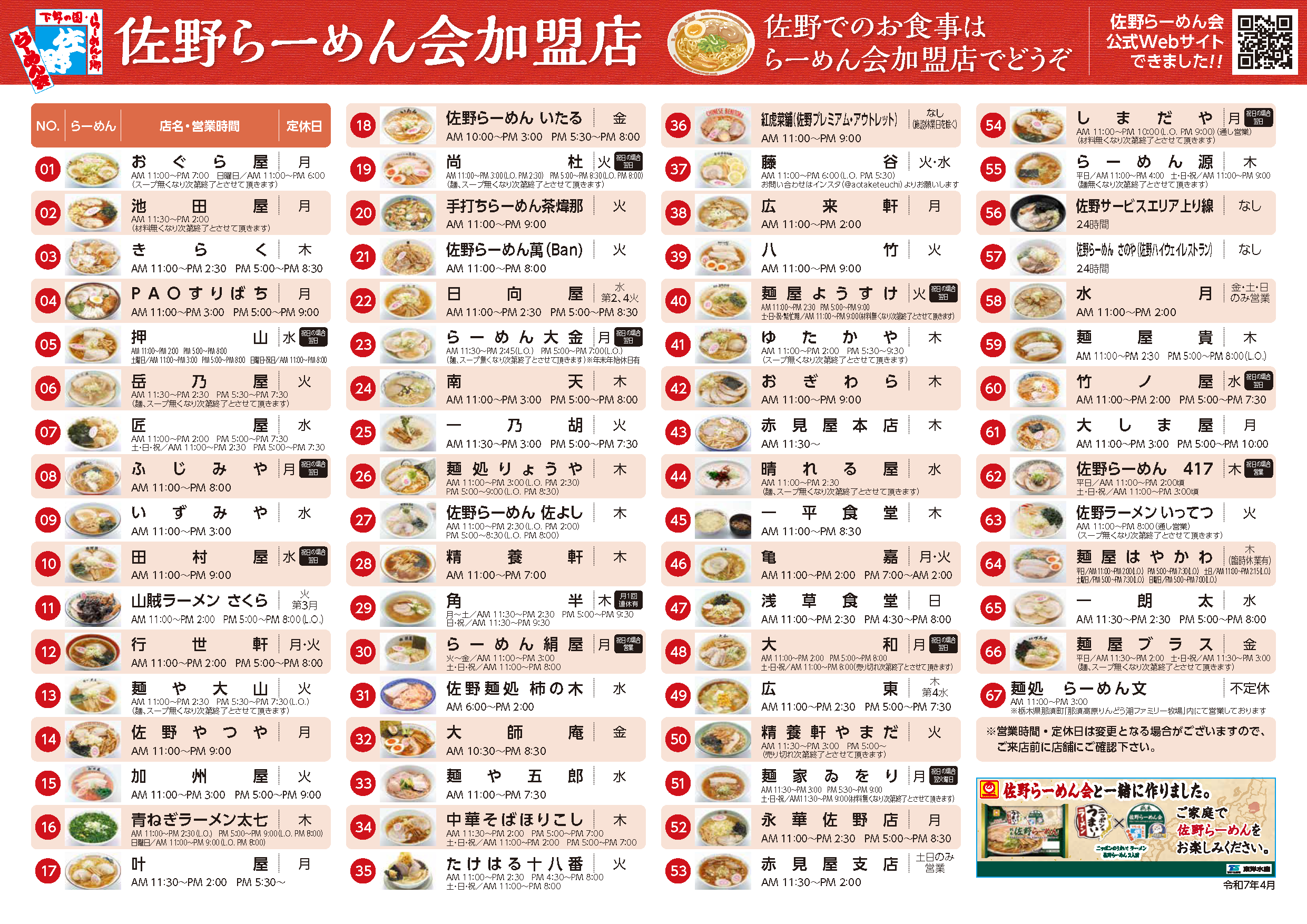 佐野らーめんマップ裏面には、各加盟店の情報がリストとしてまとめられています。